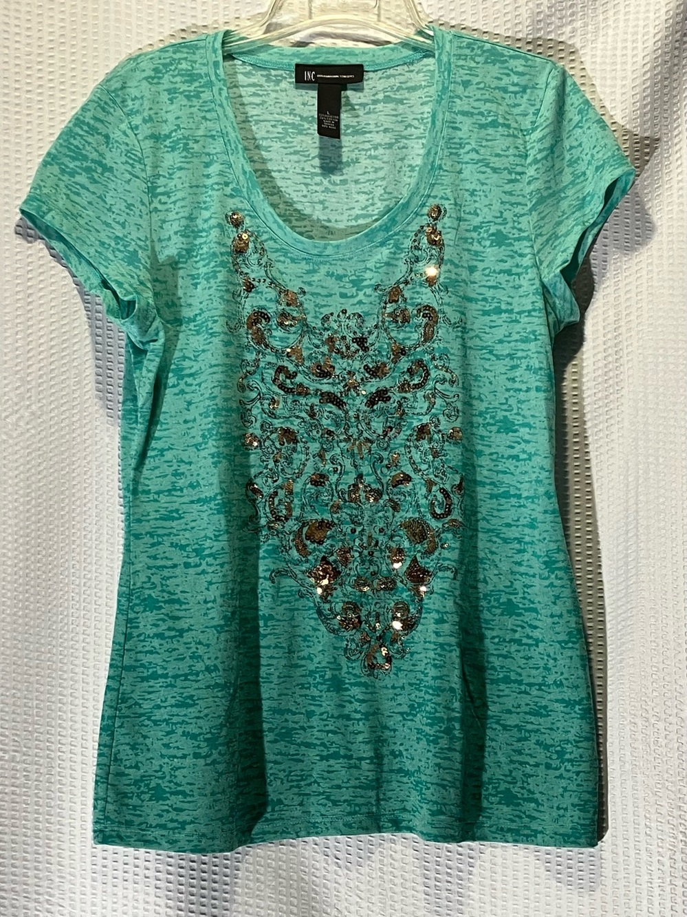 INC International Concepts Teal Short Sleeve Embellished Tee
